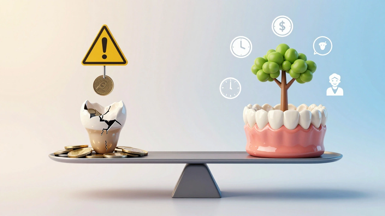 Scale balancing cheap versus high-quality dental filling with symbols of cost and health.