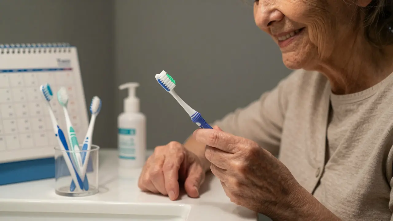 Starší žena drží mezizubní kartáček s různými velikostmi na pozadí.