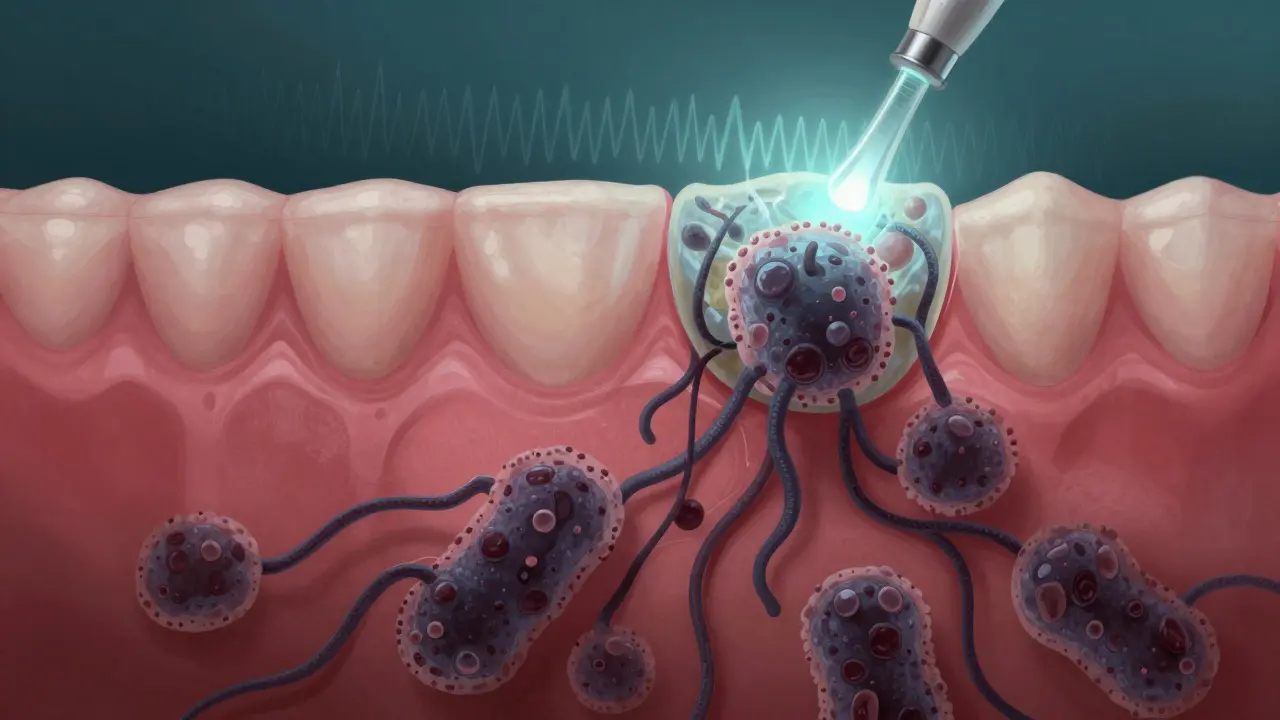 Symbolický obraz bakterií a zubního kamene pod dásní s léčebnou vlnou.