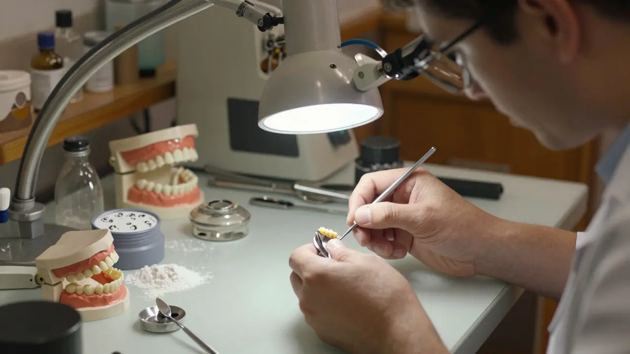 Technik v zubařské laboratoři ručně vytváří metalokeramickou korunku.