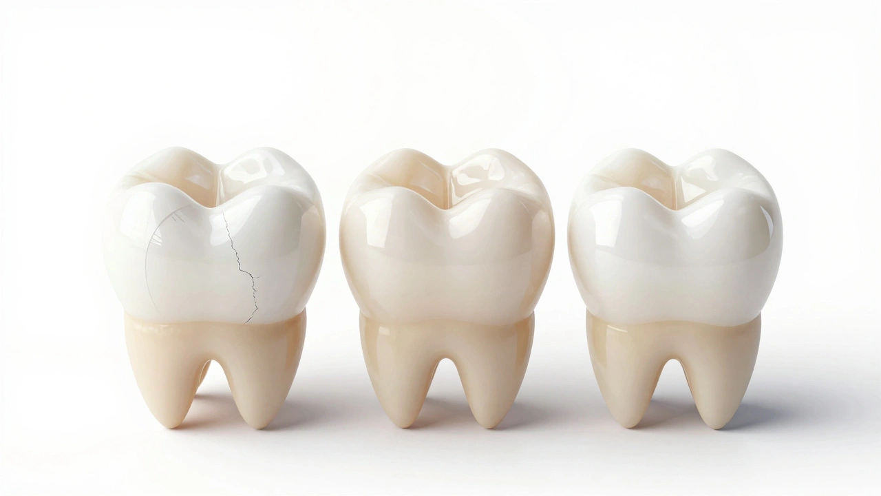 Three white dental fillings compared by quality: low, medium, and high grade.
