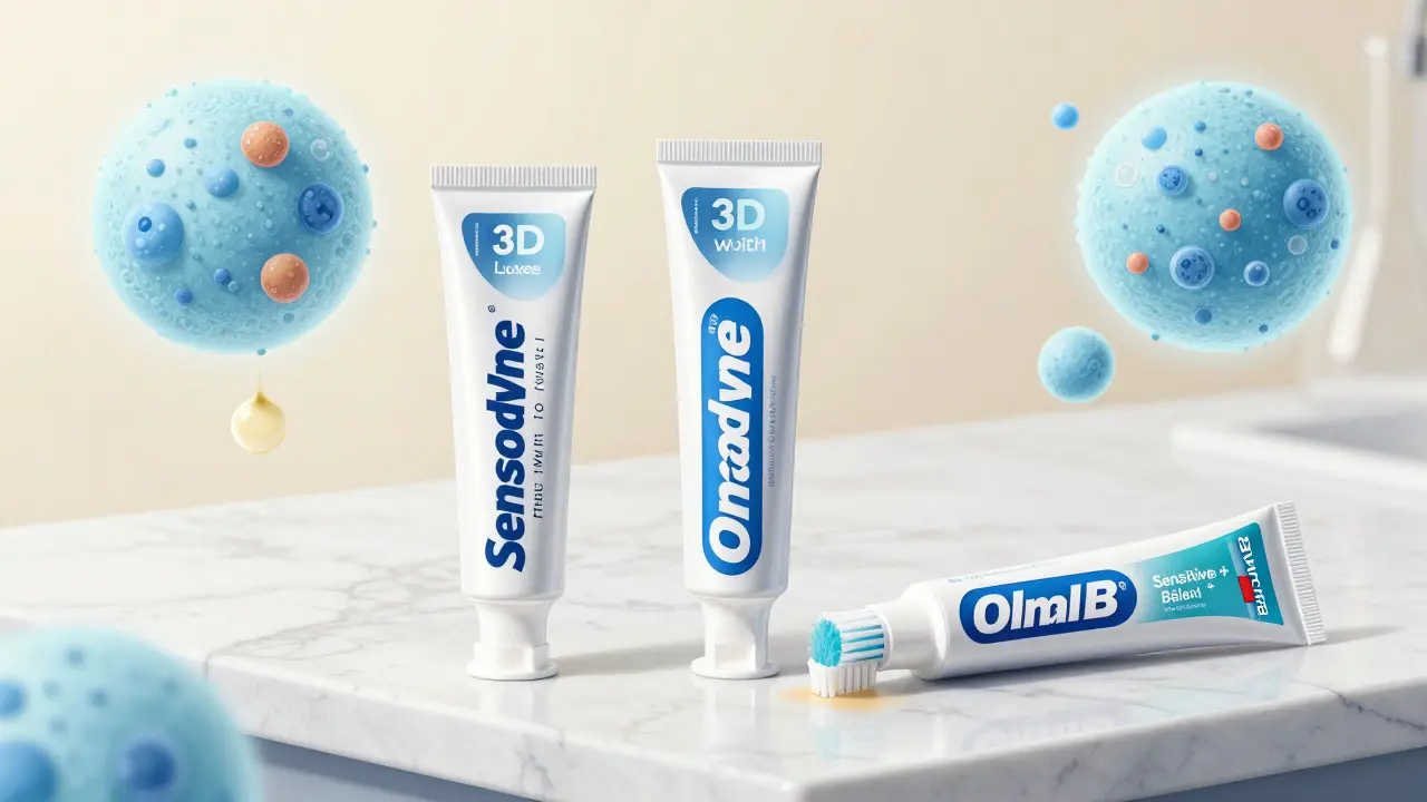 Tři bělící zubní pasty na kámen s mikroskopickým znázorněním odstraňování skvrn.