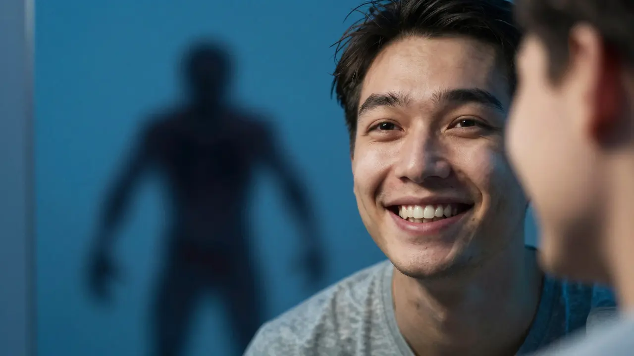 Úsměv s tmavě zbarveným zubem, za ním stín hnisavé infekce na zdi.