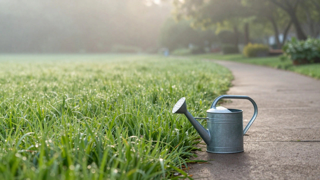 Zelený trávník v ranní mlze s kávou na cestě, symbolizující obnovu.