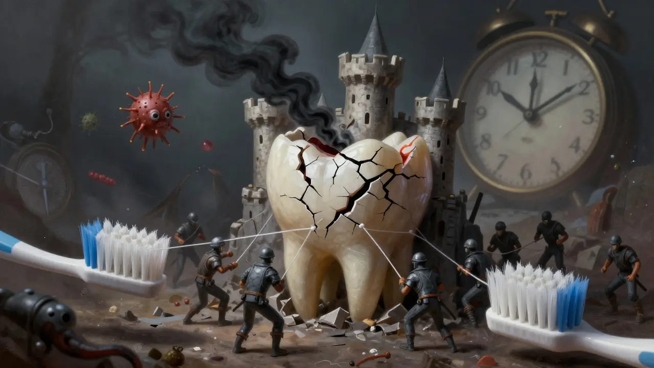 Zub jako hrady pod útokem bakterií, s kartou zubního kazu jako válkou.