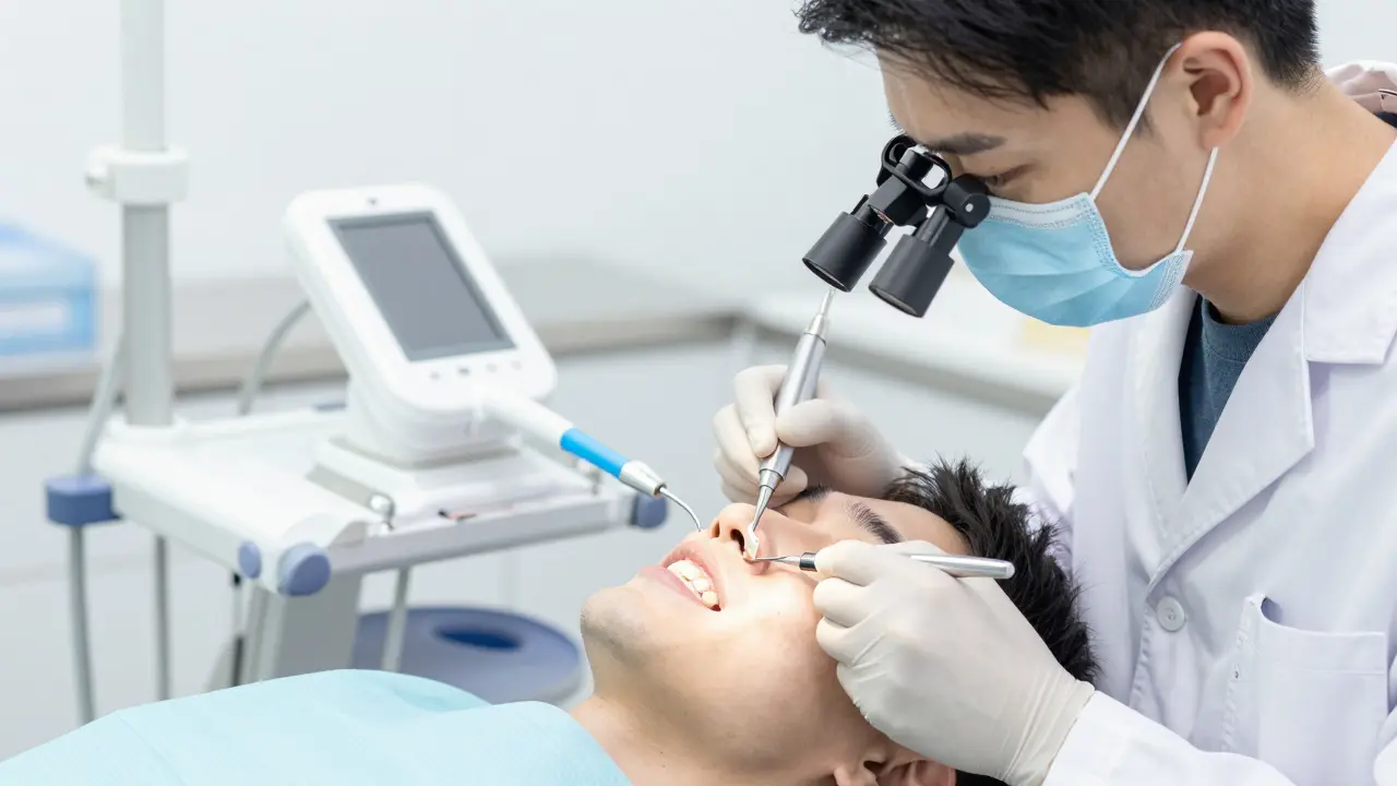 Zubař přilepuje keramickou fazetu na zub v moderní ordinaci.