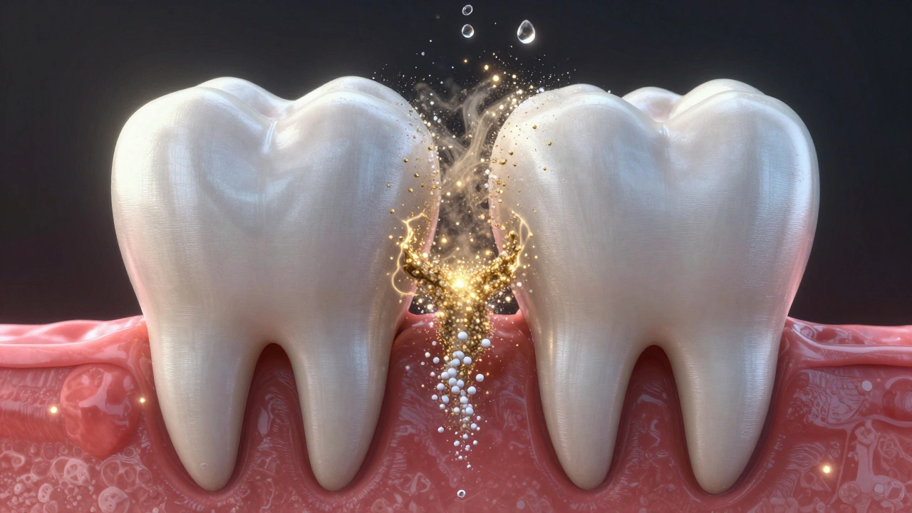 Zubní sklovině se vrací minerály, symbolizující přirozené hojení.