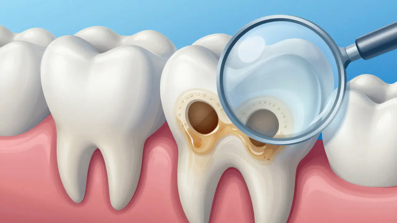 Zvětšený řez zubem, kde bělící gel proniká do skloviny a rozkládá tmavé pigmenty.