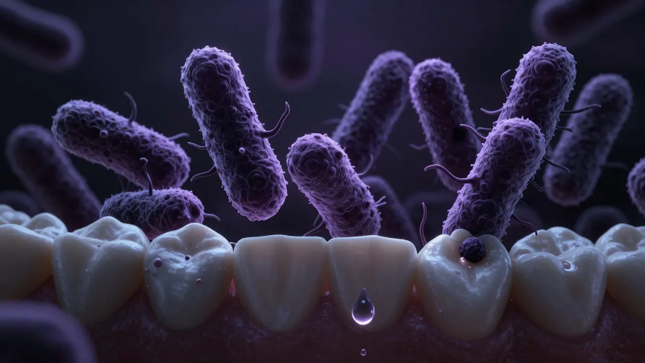 Bakterie a kyseliny ničící sklovinku zubu pod vrstvou černého zubního kamene.