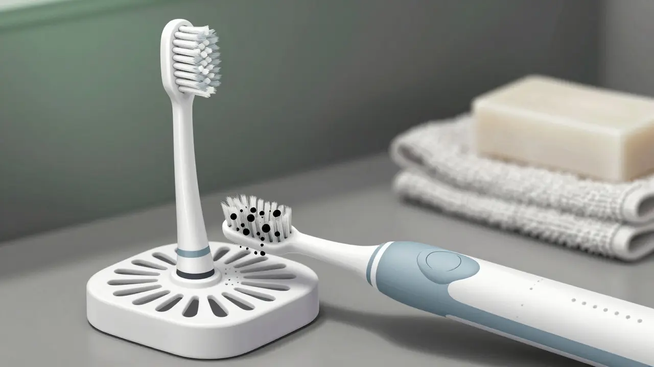 Černá plíseň na spoji hlavičky a rukojeti elektrického kartáčku, kontrastující s čistou hlavičkou na stojanu.