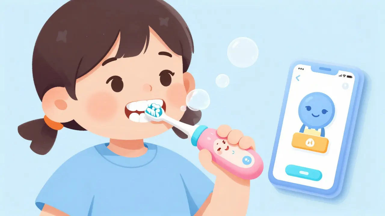 Child smiling while using a colorful sonic toothbrush with playful bubbles.