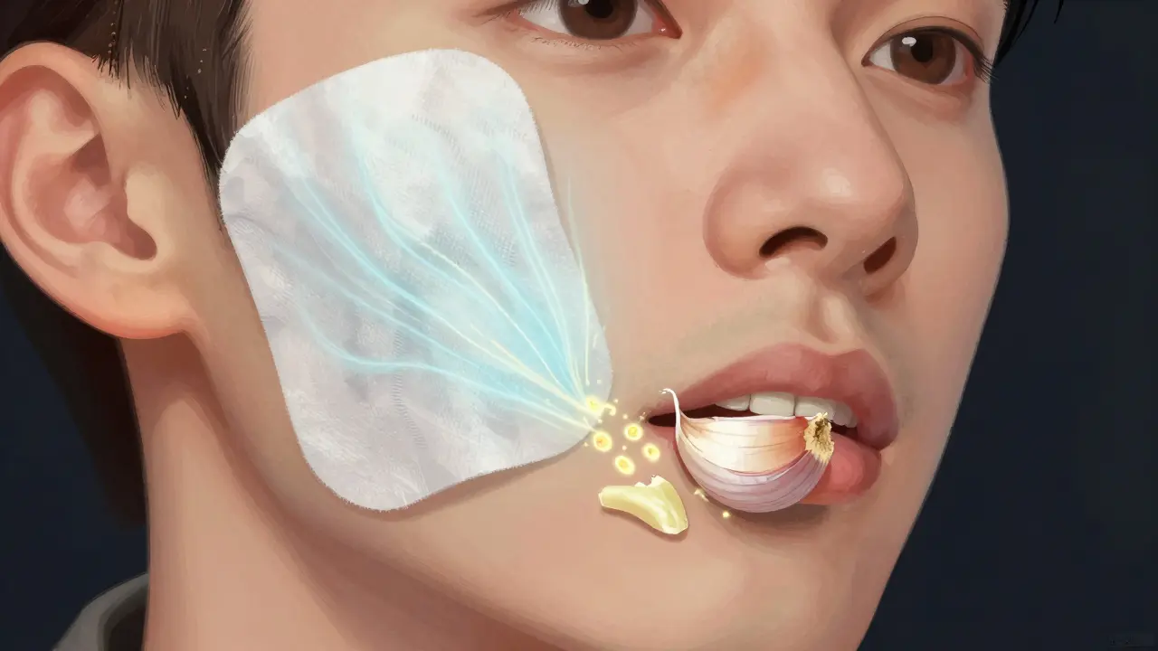 Chladný obklad na tváři a česnek na dásni při zánětu zubu.