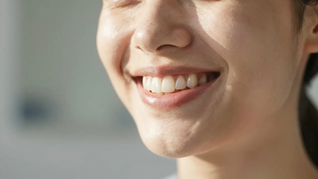 Člověk se usmívá do zrcadla s přirozeně vypadajícími zuby, včetně keramické korunky.