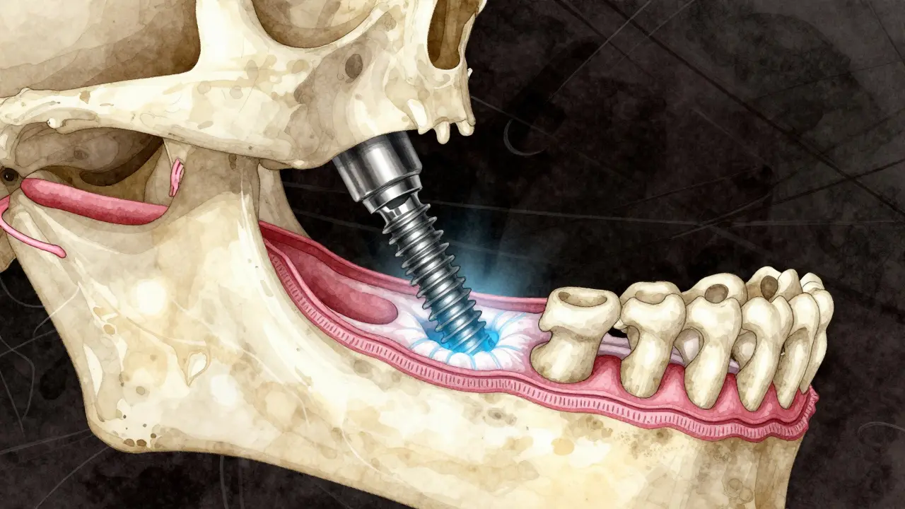 Cross-section of jawbone showing titanium implant integrating with new bone tissue.