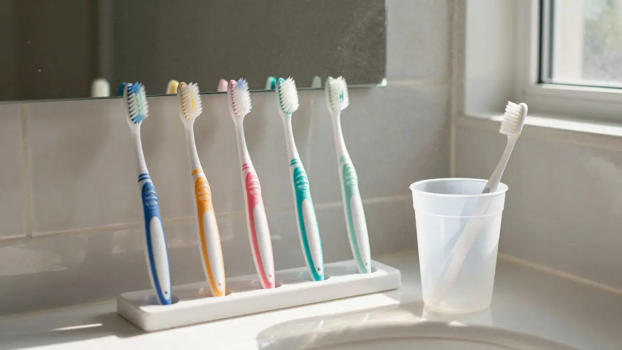 Čtyři kartáčky v otevřených stojanech vedle sebe, zatímco jeden je nevhodně uložený v uzavřené šálce.