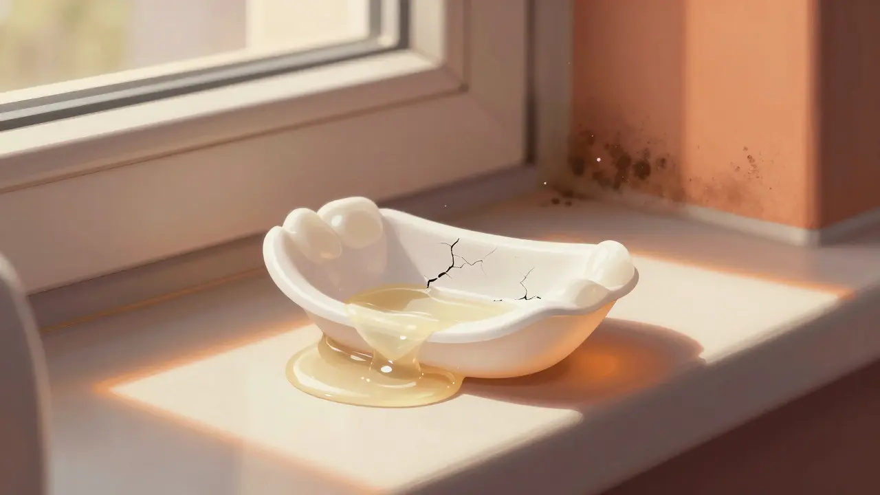 Deformovaná šablona na bělení zubů na slunném okně s vyteklým žlutým gelem.