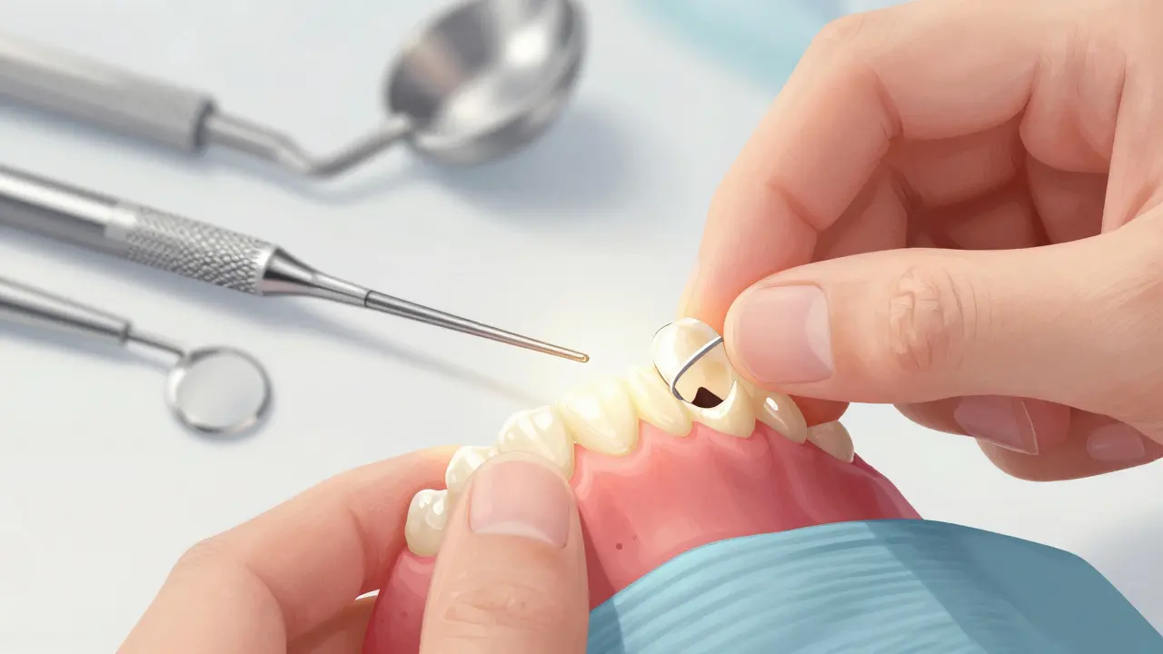 Dentista přilepuje tenké keramické lamináty na přední zuby.