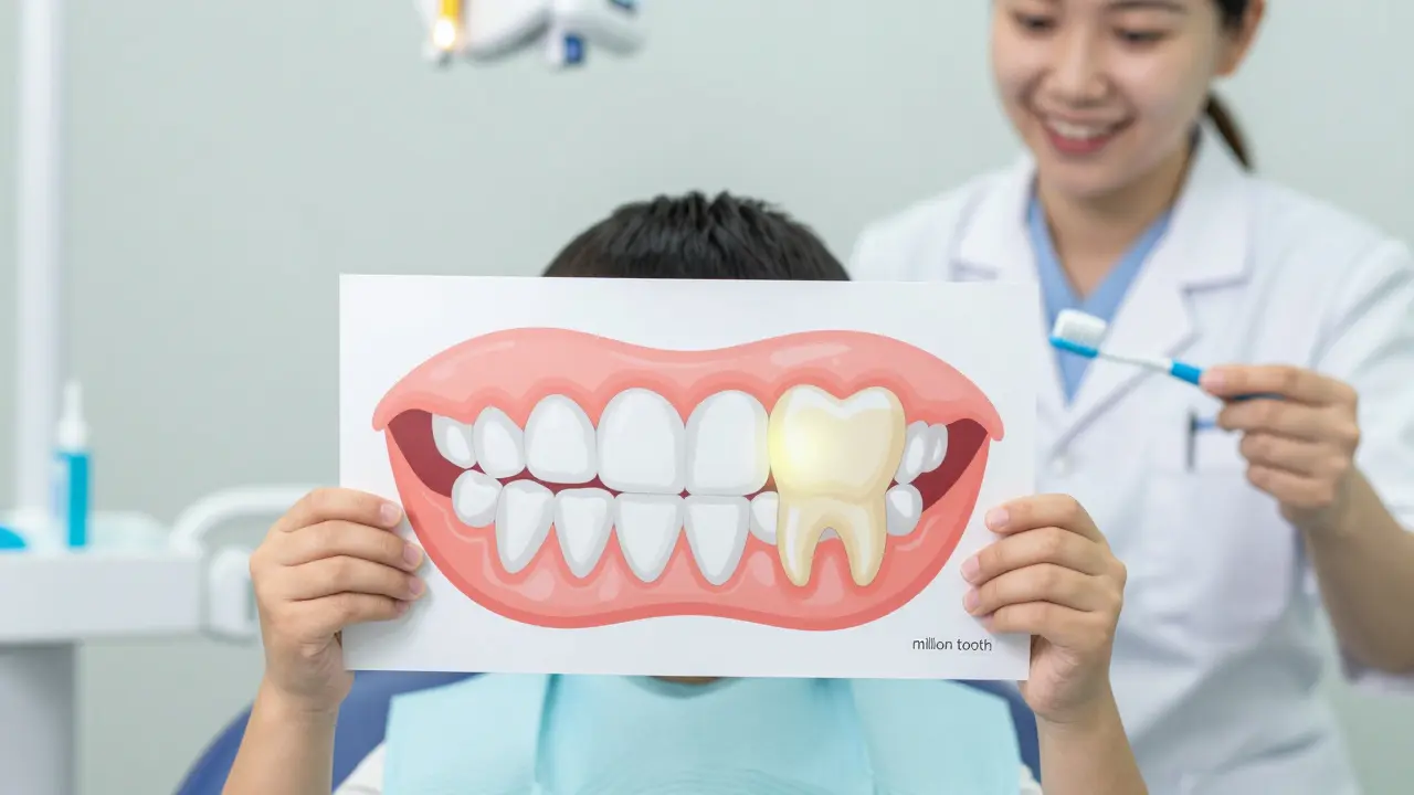 Dítě drží graf s mléčnými a trvalými zuby, velký molár je označen jako 'milionový zub'.