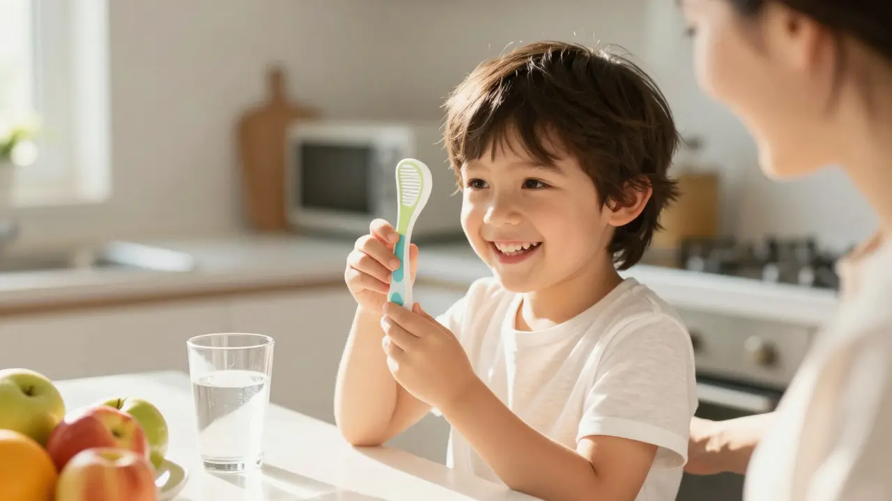 Dítě s jazykovým scrapérem směje se v kuchyni, vedle něj ovoce a sklenice vody.