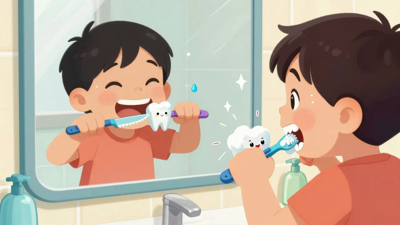 Dítě si čistí zuby, zuby jsou znázorněny jako malé postavičky s funkcemi nožíků, vidliček a mlýnků.
