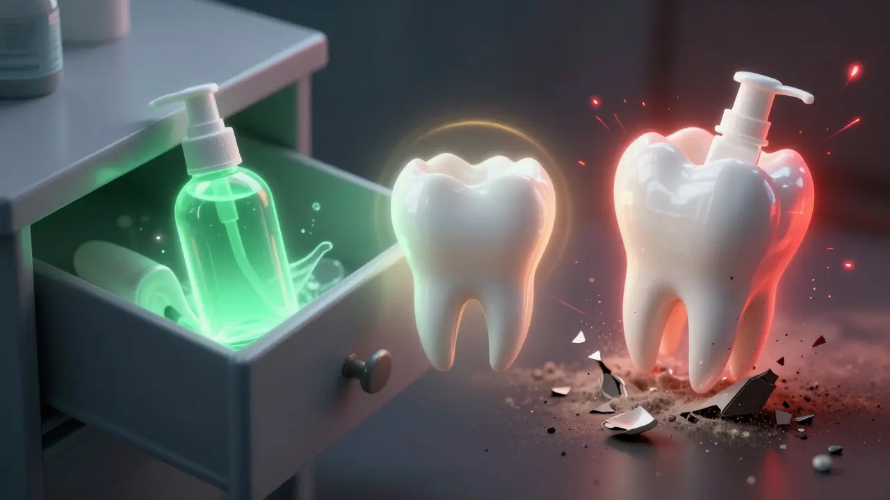 Dvě verze sady na bělení: jedna účinná v tmavém šuplíku, druhá zničená teplem.