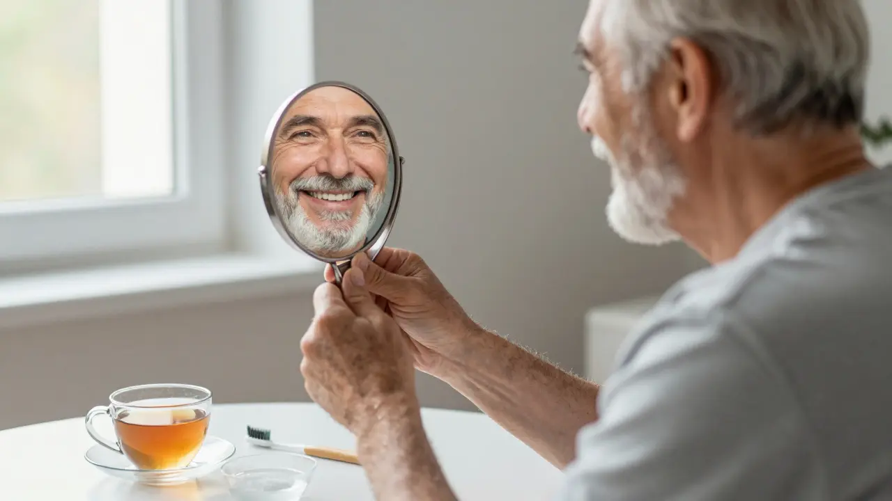 Elderly man smiling in mirror, showing restored teeth after dental implant treatment.