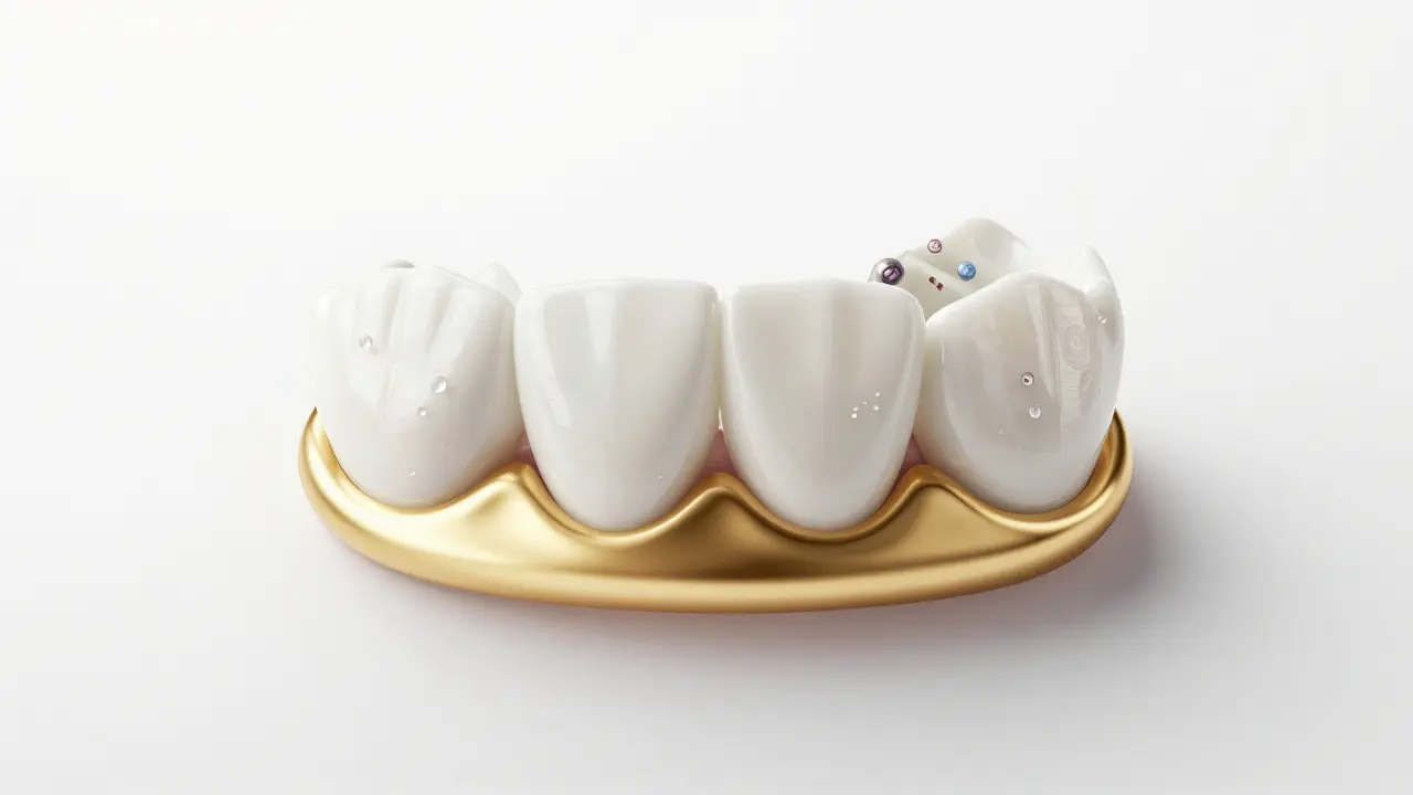 Fazeta se mírně odlepila, pod ní viditelné bakterie a silné lepidlo.