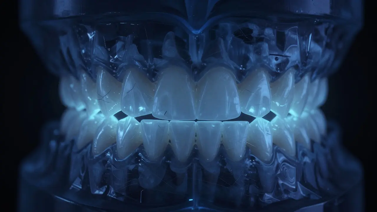 Individuálně vyrobená noční ochranná štětka přizpůsobená tvaru zubů.