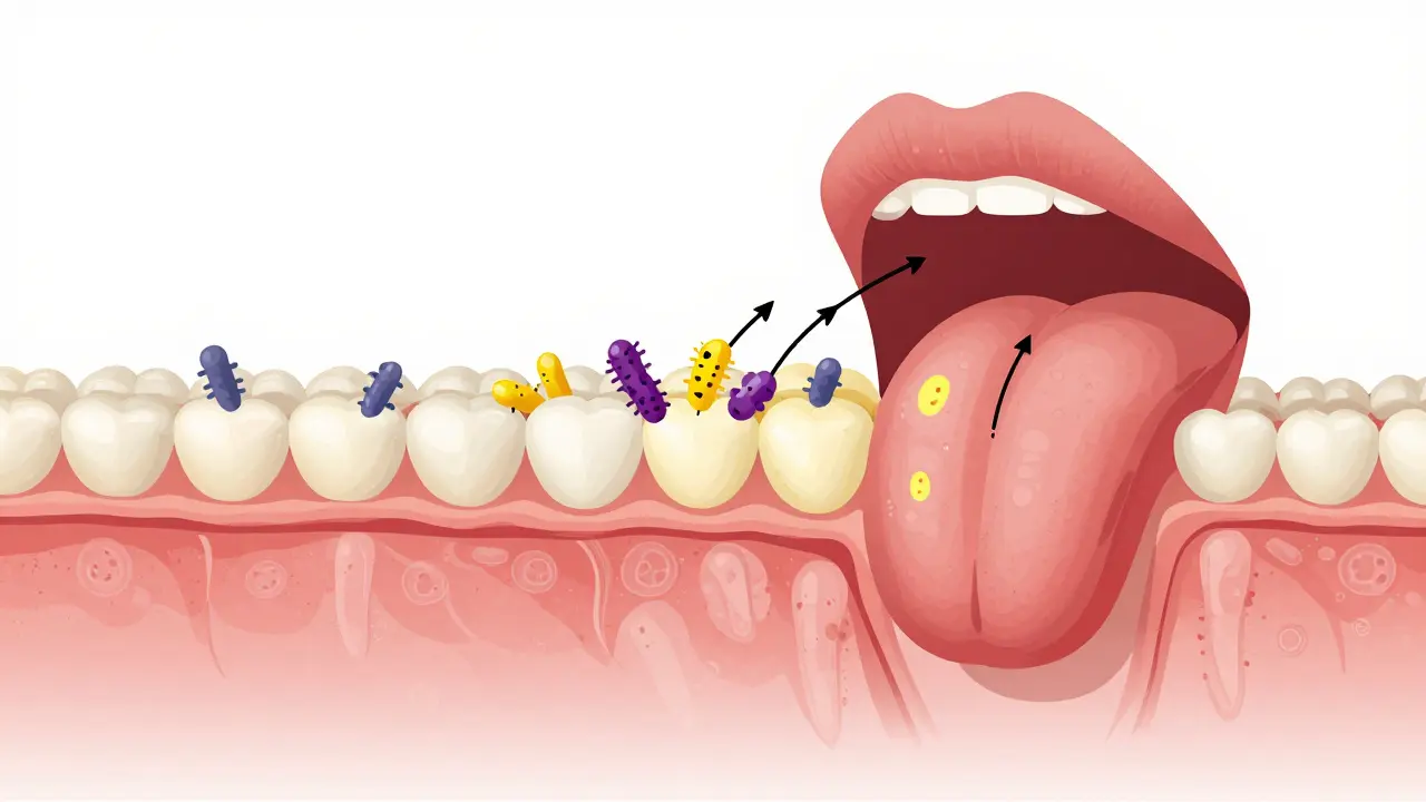 Křížový řez jazyka s bakteriemi a biofilmem, které se přenášejí na zuby a dásně.