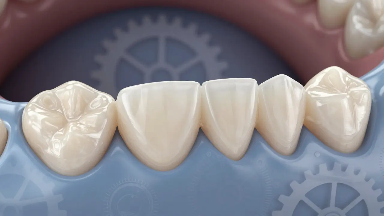 Křížový řez předních zubů s tenkou keramickou fazetou přilepenou na minimálně odstraněné sklovině.