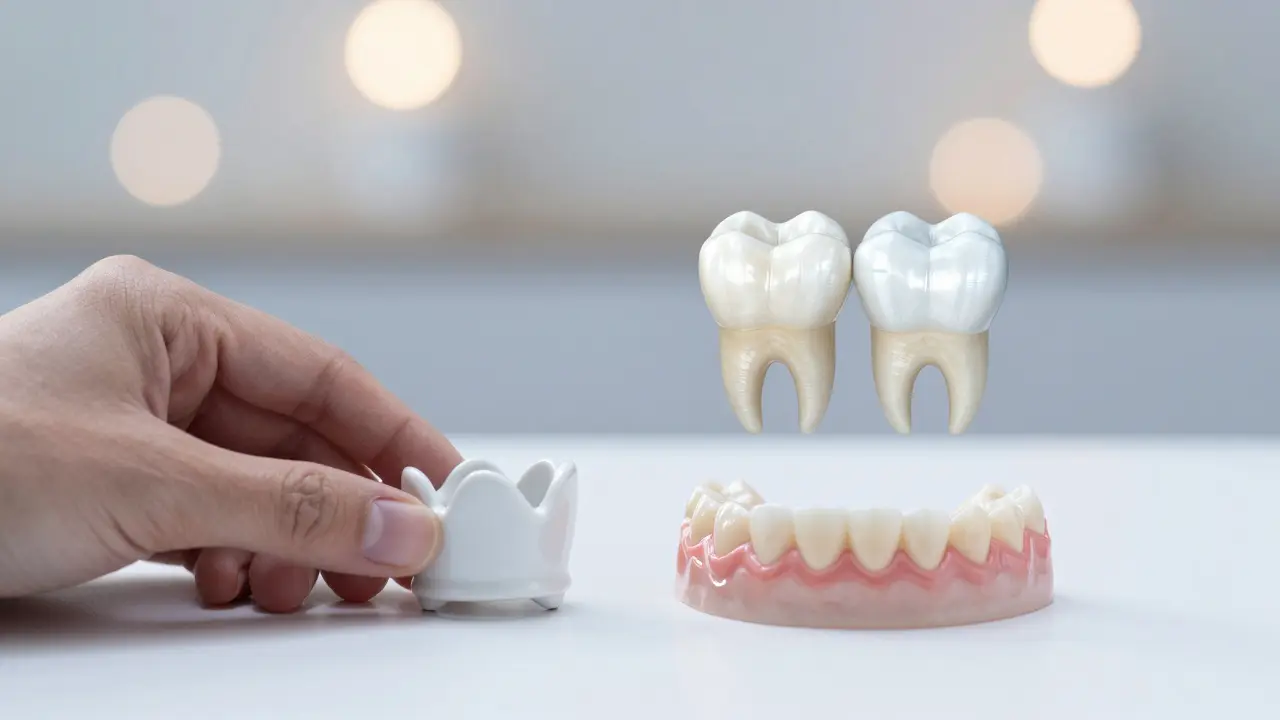 Malá celokeramická korunka vedle přirozeného zubu, nad nimi se objevuje digitální 3D hologram.