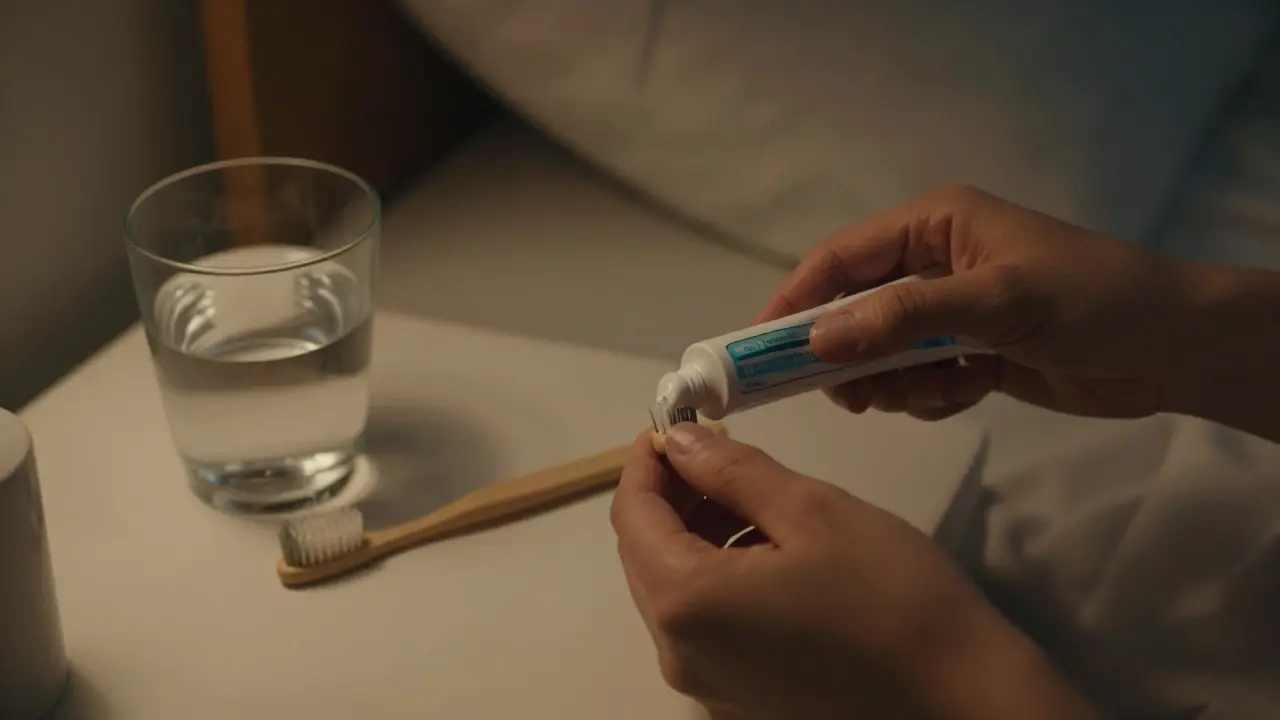 Osoba aplikuje pastu na zuby před spaním v klidné noční atmosféře.