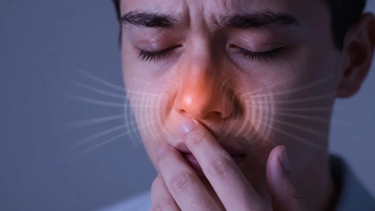 Osoba cítí bolest v obličeji, když se dotýká zubu, s viditelnými vlnami tlaku směřujícími do nosu.