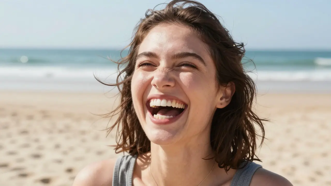 Osoba se směje na pláži s přirozeným úsměvem a zdravými zuby.