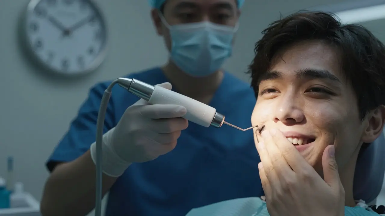 Osoba se zastavila před úsměvem, zatímco zubní hygienistka připravuje ultrazvukové čištění.