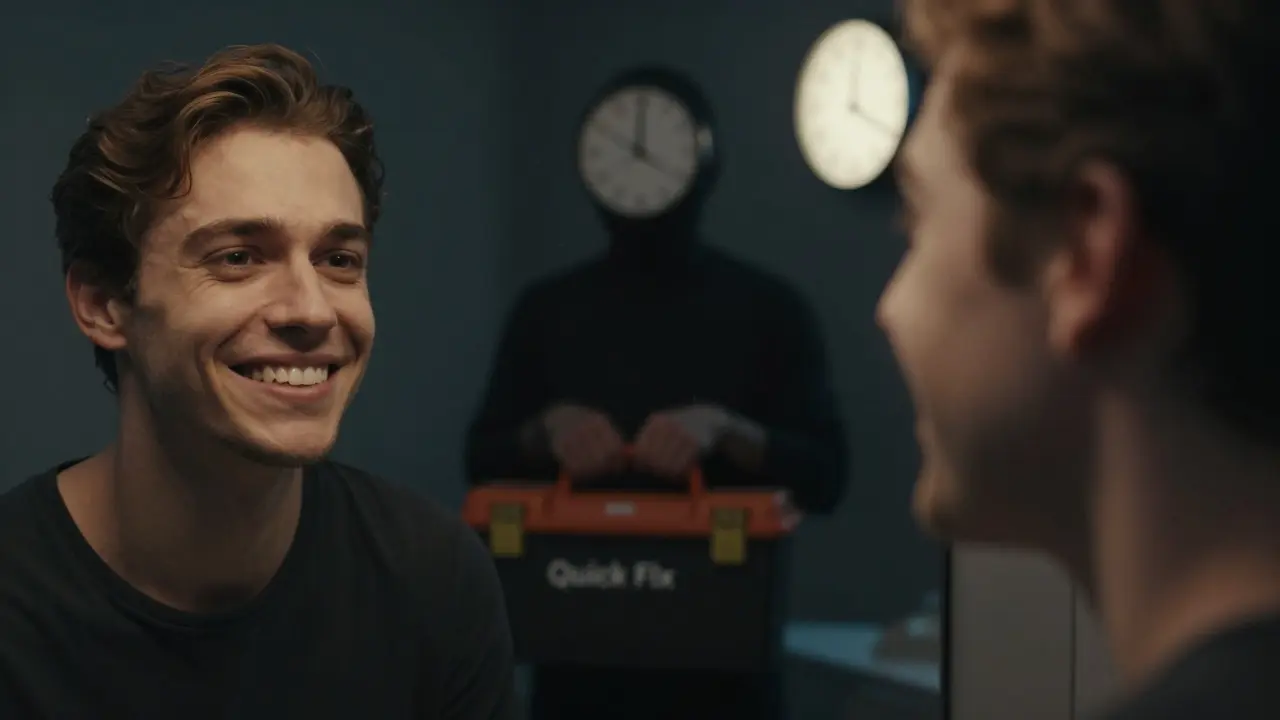 Person smiling in mirror with perfect veneers, but facial expression shows inner doubt.