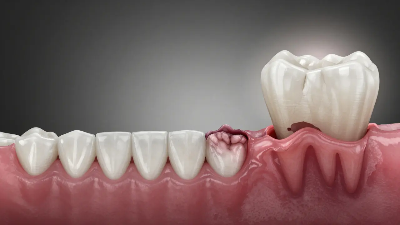 Postupné zhoršování dásní od zdravého stavu až po ztrátu kosti a uvolněný zub.