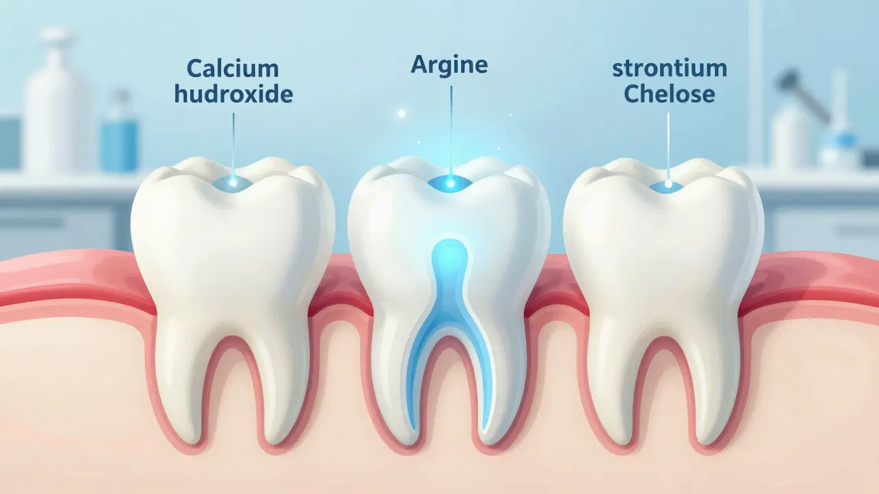 Přehled vnitřní struktury zubu s aktivními látkami uzavírajícími kanálky.