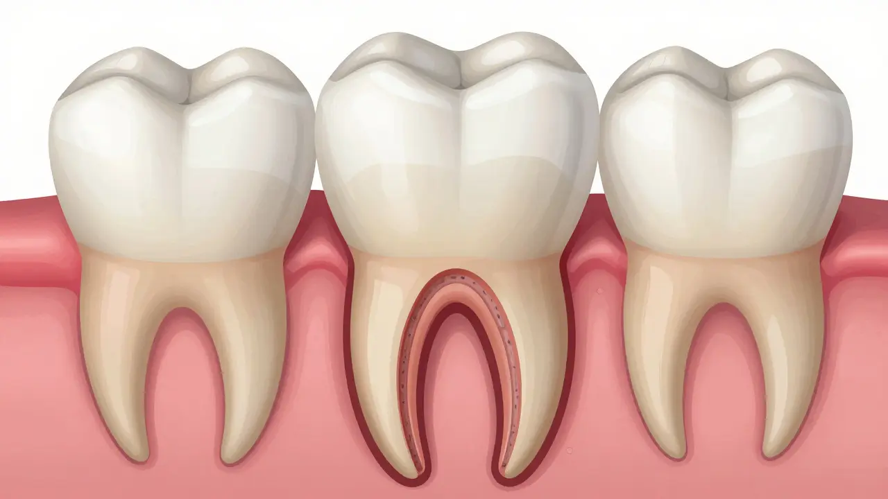 Příčný řez zubem po kořenové léčbě s keramickou korunkou a zachovanou strukturou.