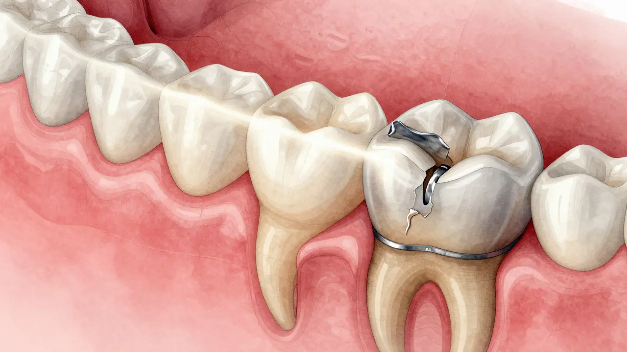 Příčný řez zubu s celokeramickou korunkou, světlo prochází keramikou jako přirozeným emailem.
