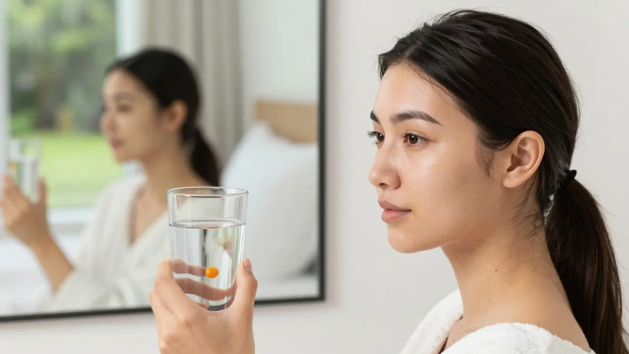 Přirozený vzhled obličeje po šesti týdnech hojení, s vodou a doplňkem vitamínu C na stole.