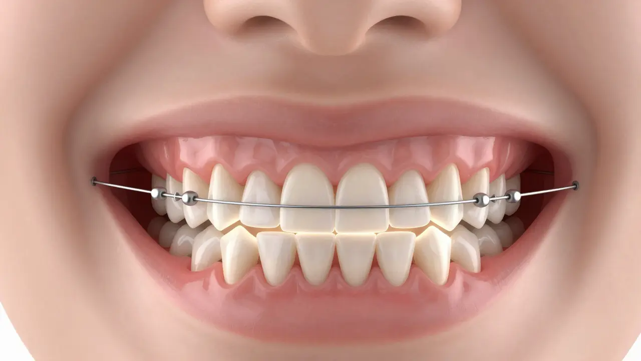 Průhledný pohled na čelist s obloukem, který pomalu vyrovnává zuby.