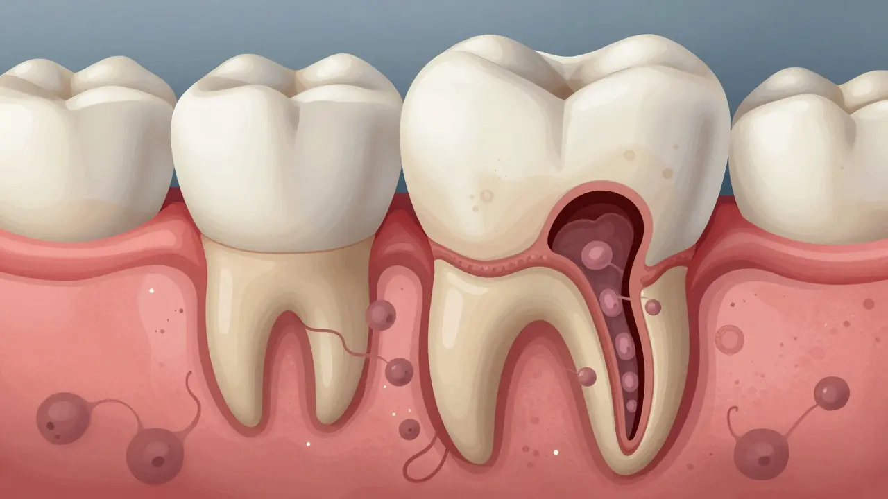 Řez zubem ukazující postupující mezizubní kaz od skloviny k nervu.