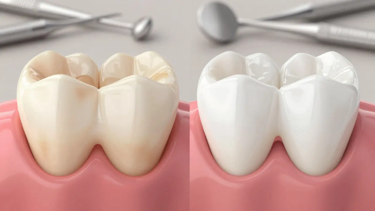 Side-by-side comparison of a stained tooth and the same tooth after veneer application.