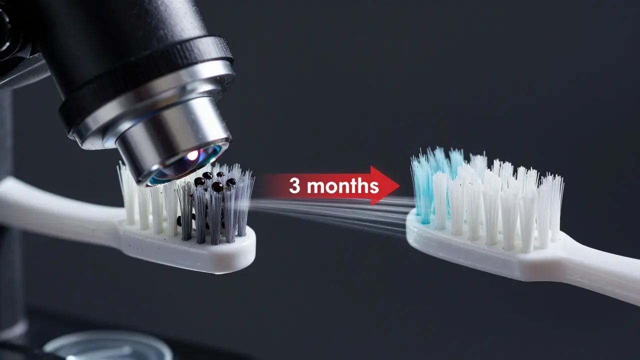 Split image: damaged toothbrush bristles vs. clean new ones with 3-month indicator.