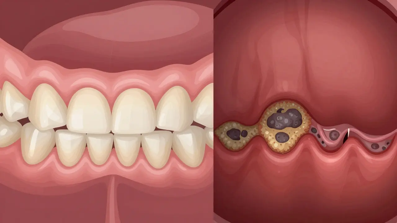 Srovnání zdravých a zánětlivých dásní s náležitým plakem a zubním kamenem.