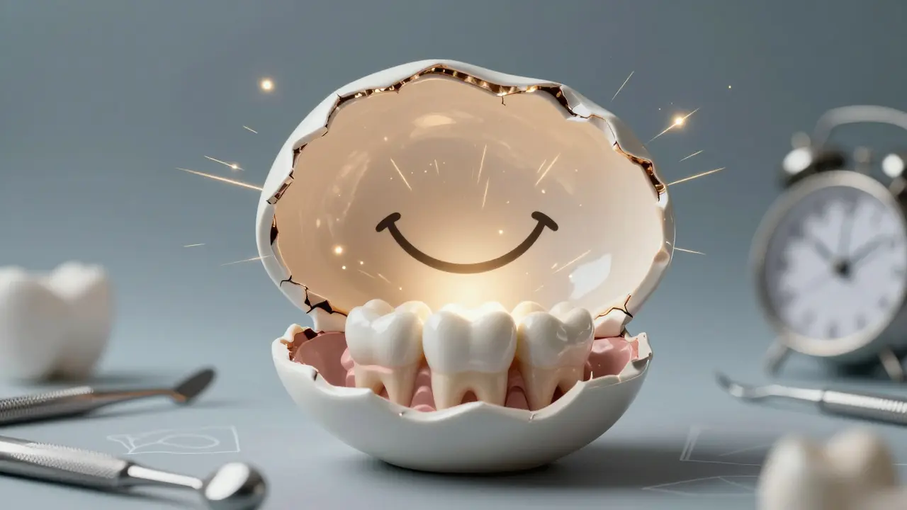 Symbolic smile emerging from a cracked ceramic shell with golden light radiating.