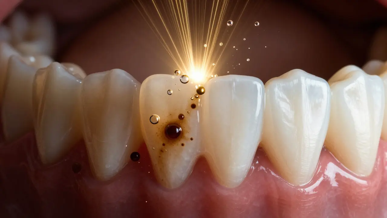 Tooth glowing with laser light as oxygen bubbles remove deep stains from within the enamel.