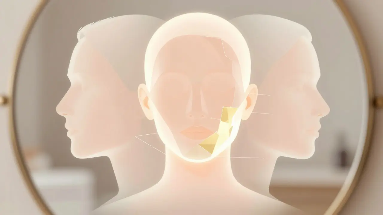 Tři klíčové oblasti tváře — čelist, brada a lícní kosti — znázorněny jako světélkující geometrické facetové prvky.