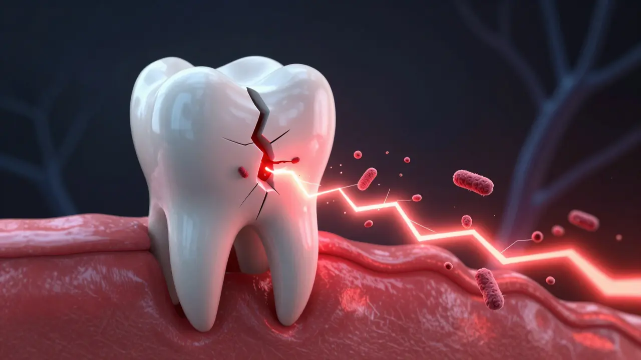 Vnitřní prasklina zubu se šíří jako blesk, bakterie pronikají do kořene a způsobují zánět.